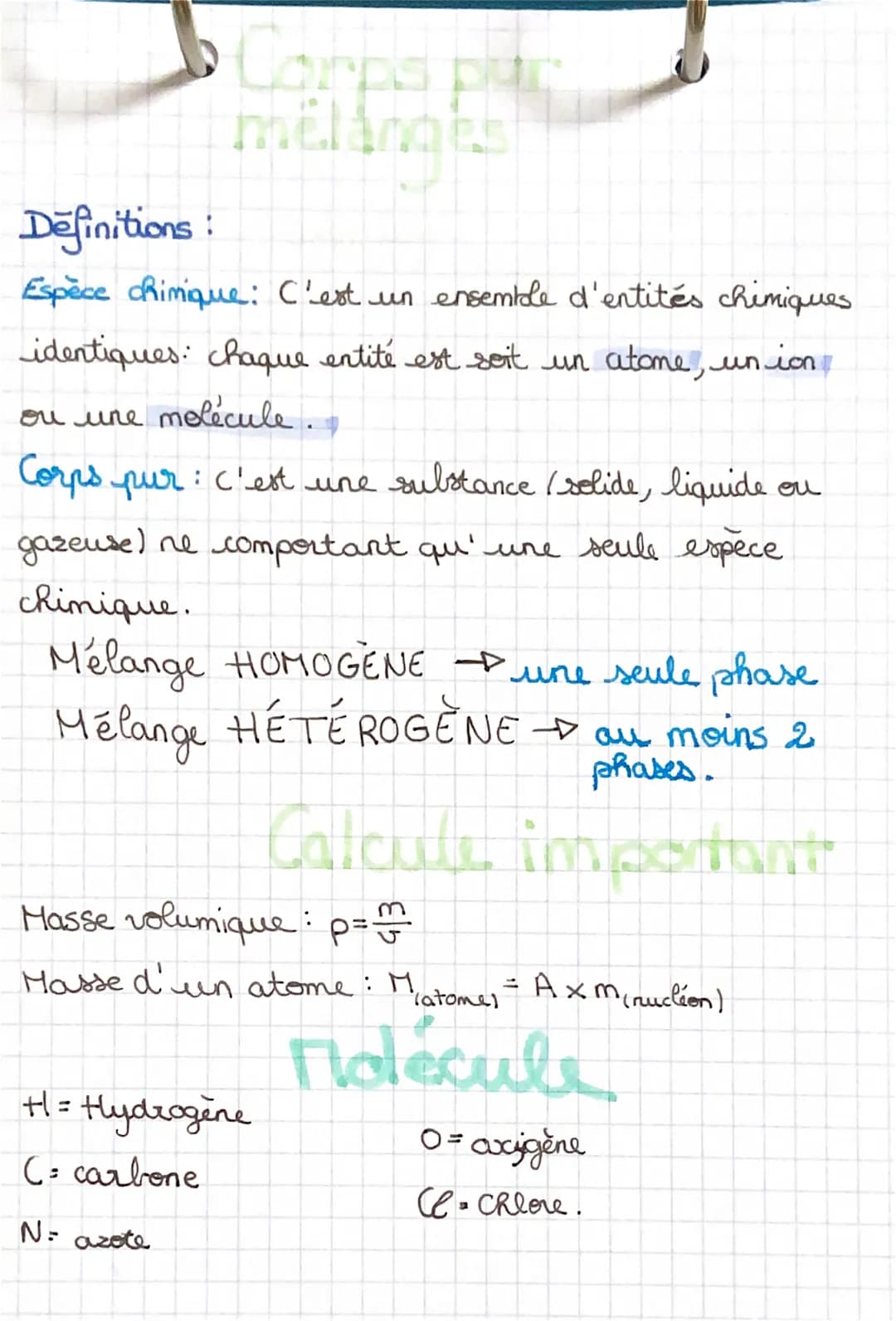Corps puro
mélanges
Definitions:
Espèce chimique: C'est un ensemble d'entités chimiques
identiques: chaque entité est soit un atome, union
o