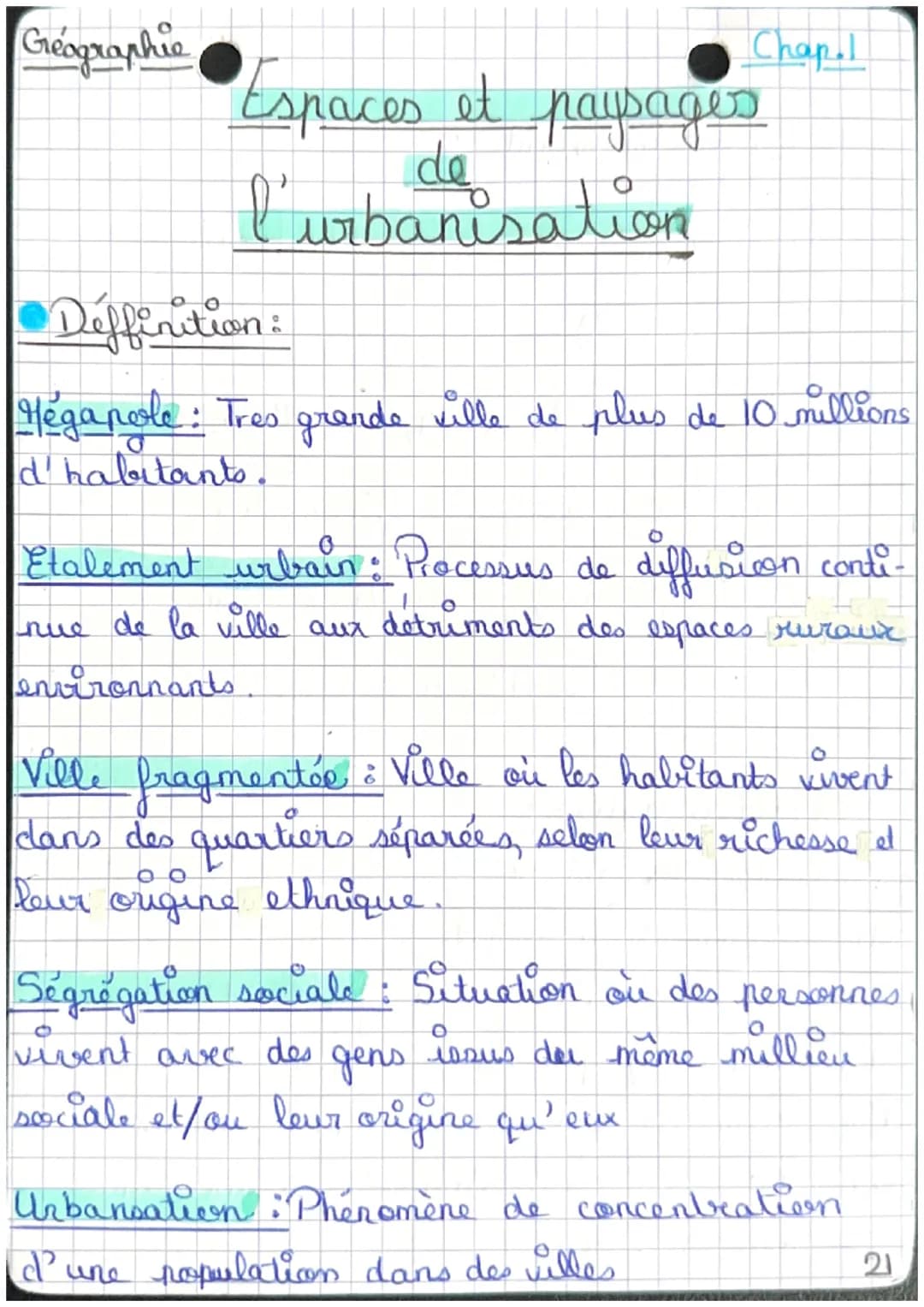 Gréographie
Chap.l
Espaces et paysages
de
l'urbanisation
Deffinition:
Hegapole: Tres grande ville de plus de 10 millions
d'habitants.
Etalem