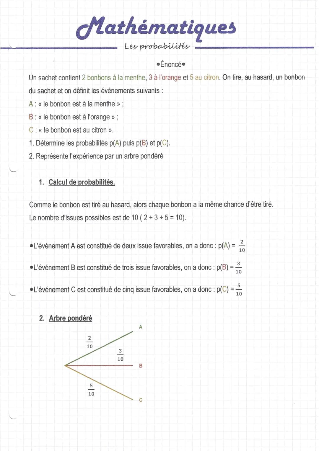 # Mathématiques
Les probabilités

•Énoncé•

Un sachet contient 2 bonbons à la menthe, 3 à l'orange et 5 au citron. On tire, au hasard, un bo