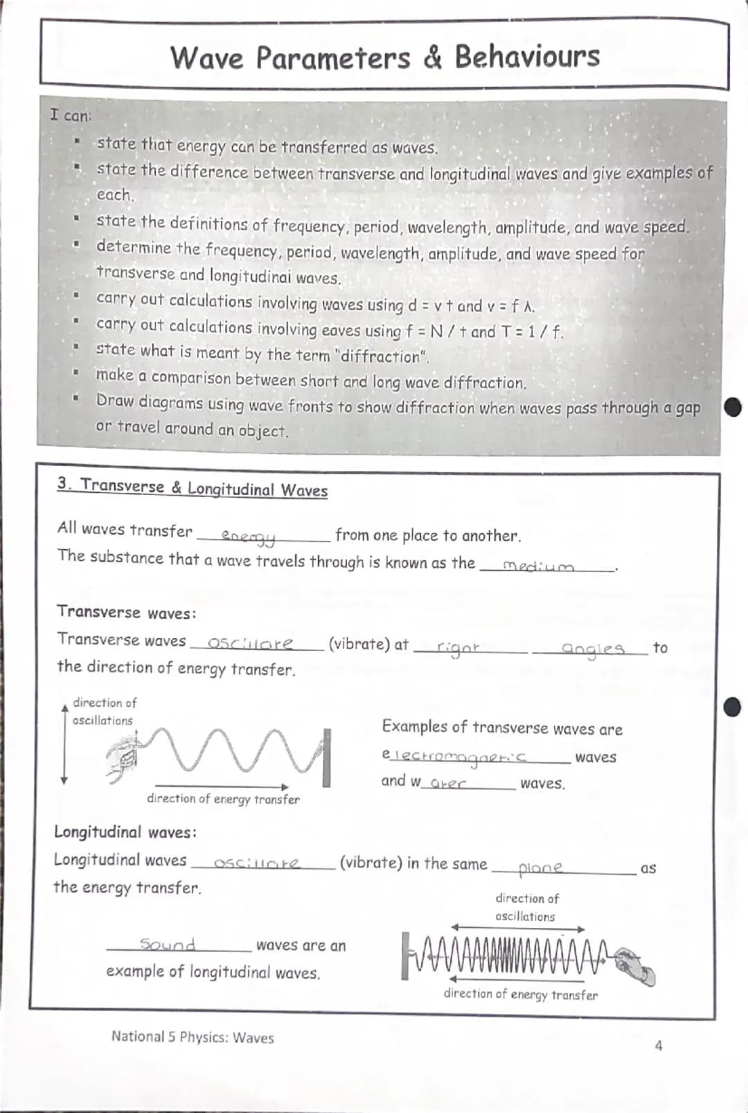 # National 5

Physics

# Waves

Summary Notes # Wave Parameters & Behaviours

I can:

*   state that energy can be transferred as waves.
*  