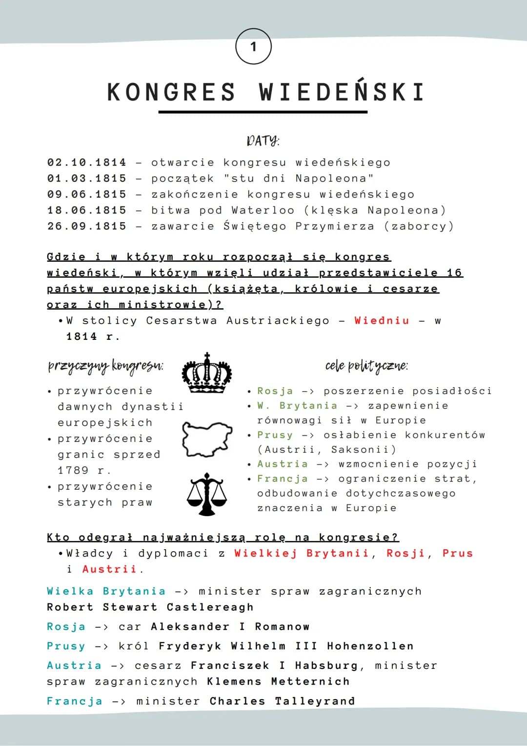 # 1

KONGRES WIEDEŃSKI

DATY:

02.10.1814 - otwarcie kongresu wiedeńskiego

01.03.1815 - początek "stu dni Napoleona"

09.06.1815 - zakończe