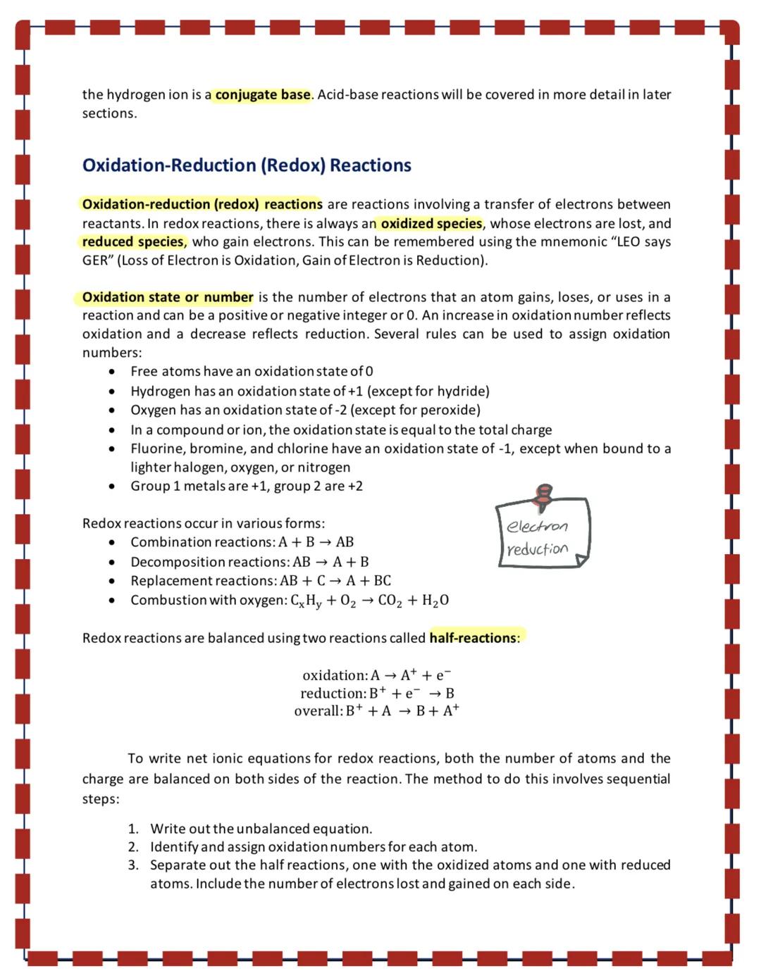 the hydrogen ion is a conjugate base. Acid-base reactions will be covered in more detail in later
sections.

# Oxidation-Reduction (Redox) R