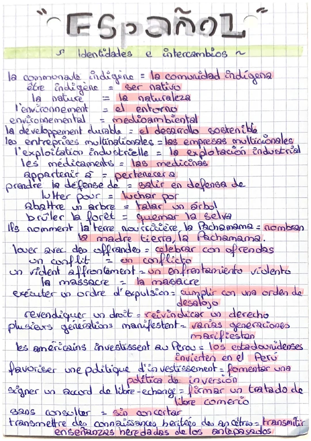 "Español
Identidades e intercambios ~
la communaute indigine = la comunidad indígena
être indigène = ser nativo
la nature = la naturaleza
l'