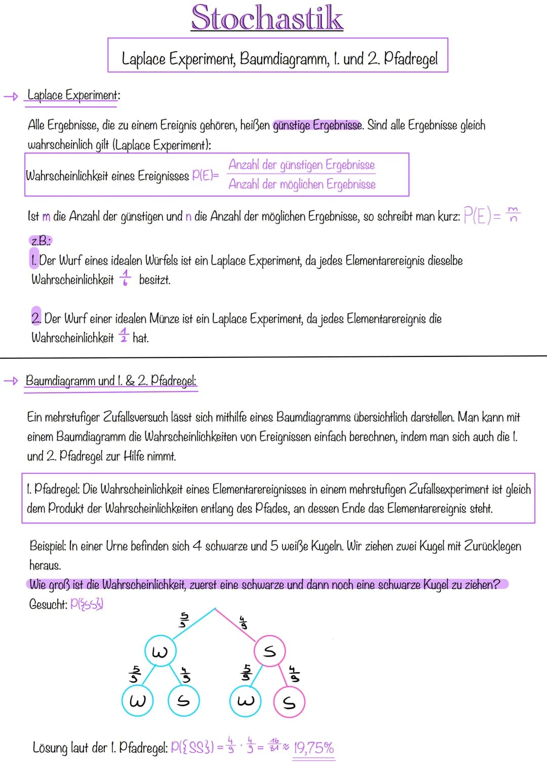 # Stochastik

Laplace Experiment, Baumdiagramm, 1. und 2. Pfadregel

→ Laplace Experiment:

Alle Ergebnisse, die zu einem Ereignis gehören, 
