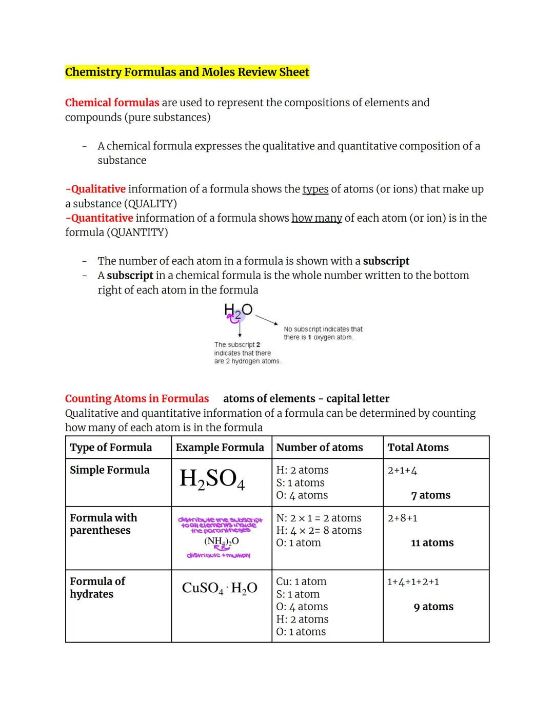 # Chemistry Formulas and Moles Review Sheet

Chemical formulas are used to represent the compositions of elements and
compounds (pure substa
