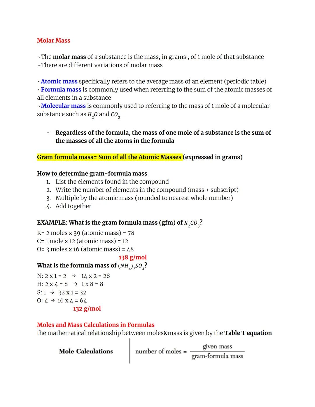# Chemistry Formulas and Moles Review Sheet

Chemical formulas are used to represent the compositions of elements and
compounds (pure substa