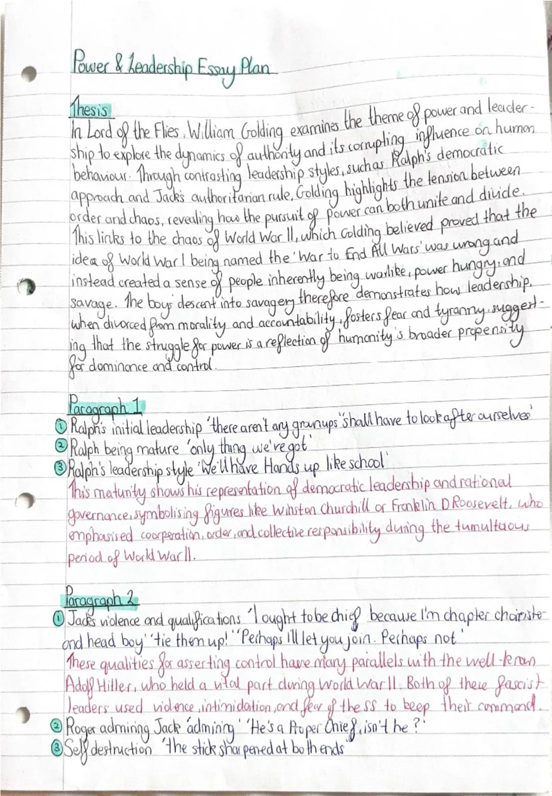 Power & Leadership Essay Plan
Thesis
In Lord of the Flies, William Golding examines the theme of power and leadership to explore the dynamic