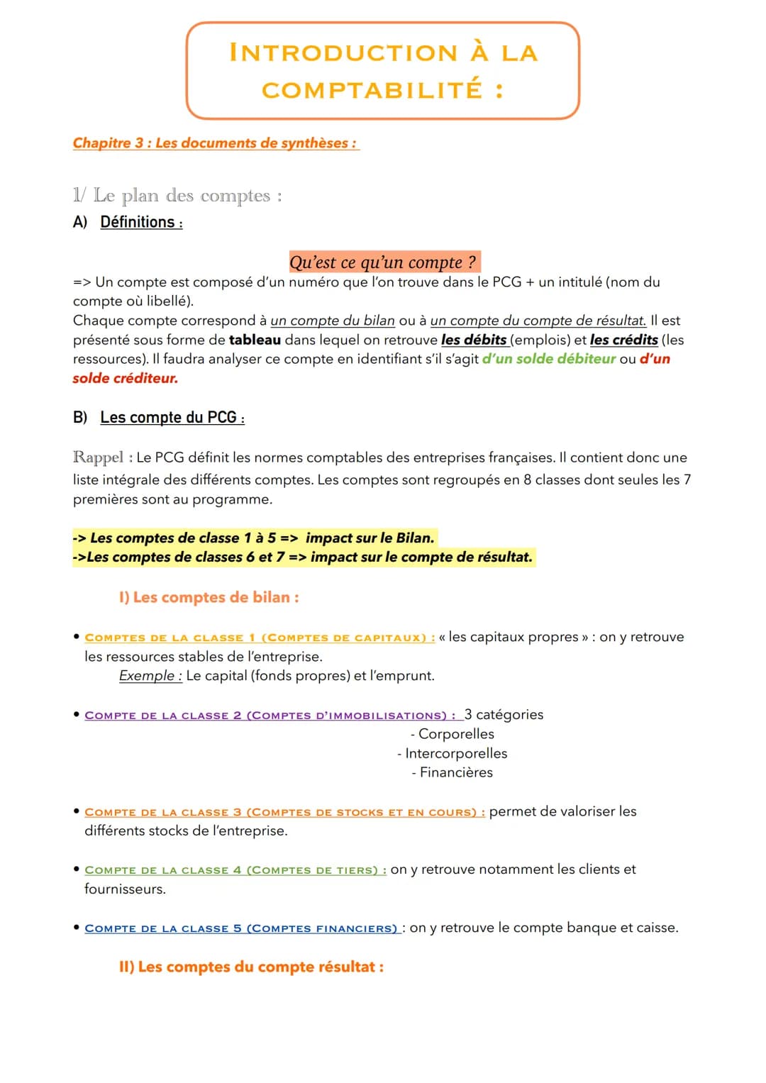 # INTRODUCTION À LA
COMPTABILITÉ :

Chapitre 3: Les documents de synthèses :

1/ Le plan des comptes :
A) Définitions :

Qu'est ce qu'un com
