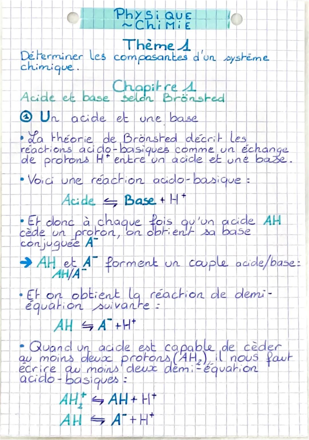 Physi QUE
~ChiMiE

# Thème 1
Déterminer les composantes d'un système
chimique.

## Chapitre 1
Acide et base selon Brönsted

### Un acide et 