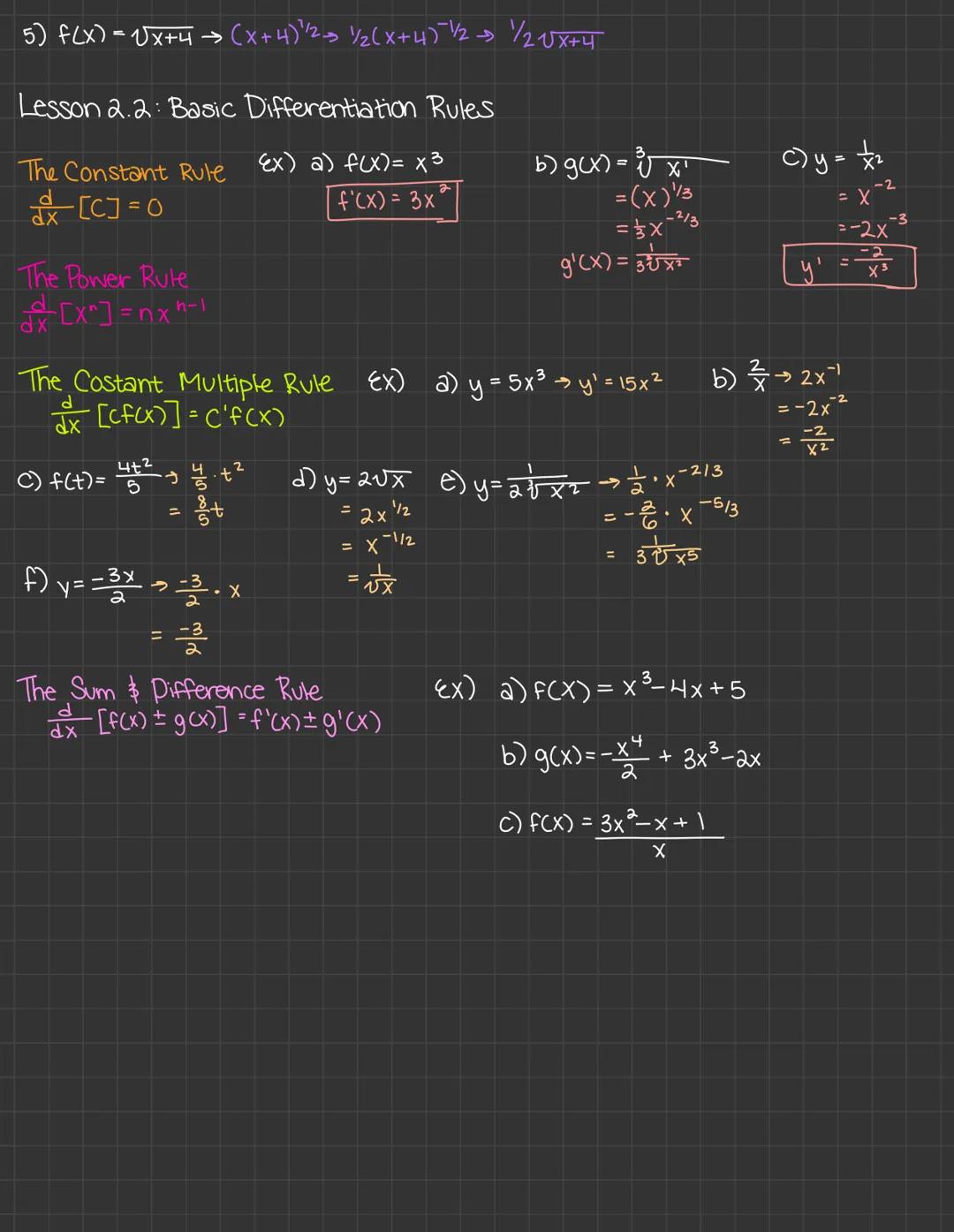 5) f(x)=$\sqrt{x}$+4 $\rightarrow$ (x+4)$^{1/2}$$\rightarrow$ $^{1/2}$(x+4)$^{-1/2}$$\rightarrow$ $^{1/2}$$\frac{1}{2\sqrt{x}}$+4

Lesson 2.