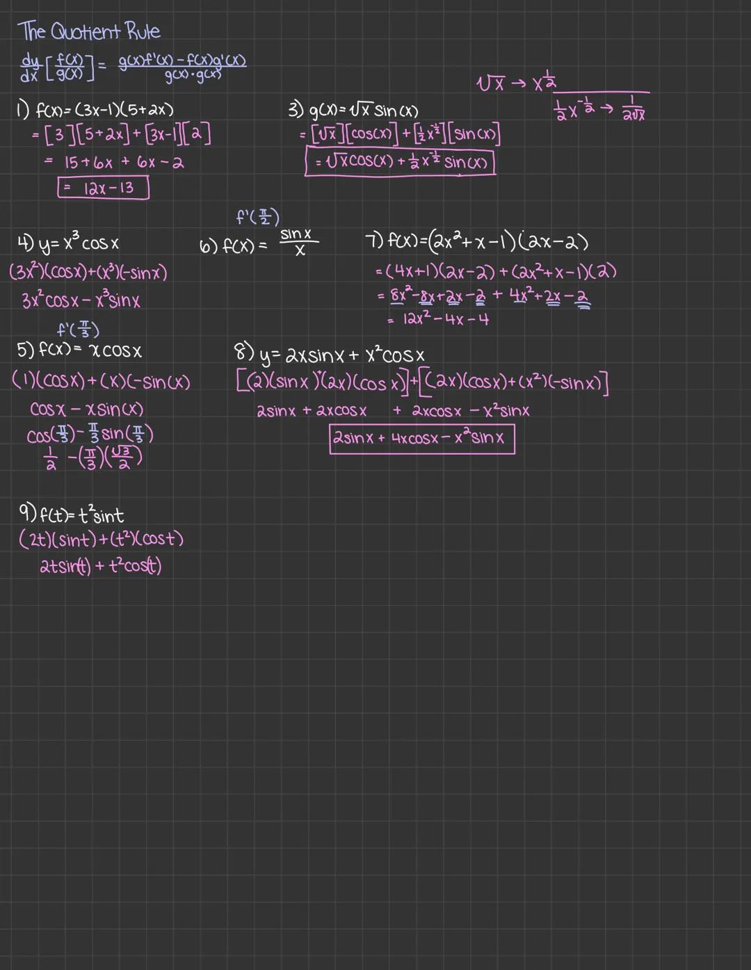 5) f(x)=$\sqrt{x}$+4 $\rightarrow$ (x+4)$^{1/2}$$\rightarrow$ $^{1/2}$(x+4)$^{-1/2}$$\rightarrow$ $^{1/2}$$\frac{1}{2\sqrt{x}}$+4

Lesson 2.