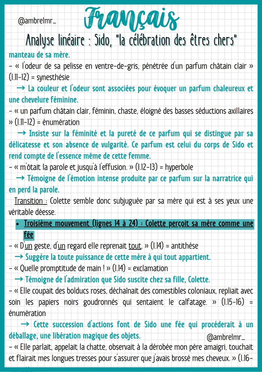 @ambrelmr_
# Français
Analyse linéaire: Sido, "la célébration des êtres chers"
## INTRODUCTION
*   Présentation du texte :

→ Auteur: Colett