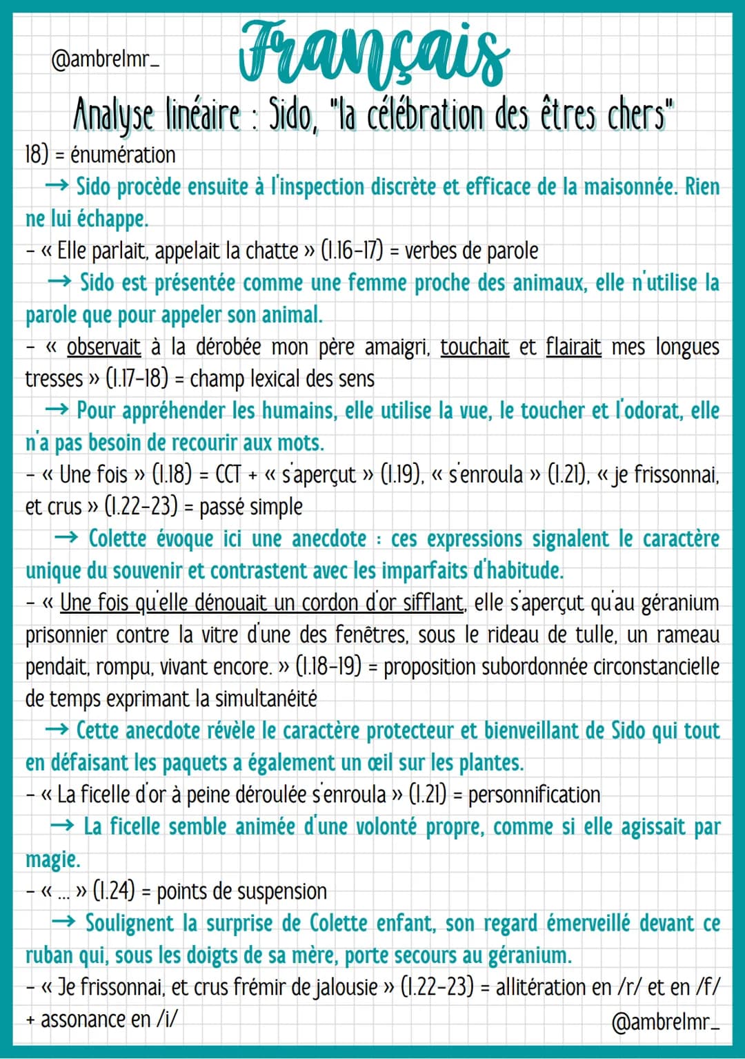 @ambrelmr_
# Français
Analyse linéaire: Sido, "la célébration des êtres chers"
## INTRODUCTION
*   Présentation du texte :

→ Auteur: Colett