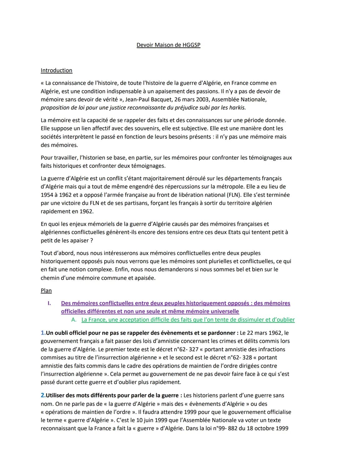 # Devoir Maison de HGGSP

Introduction

« La connaissance de l'histoire, de toute l'histoire de la guerre d'Algérie, en France comme en
Algé
