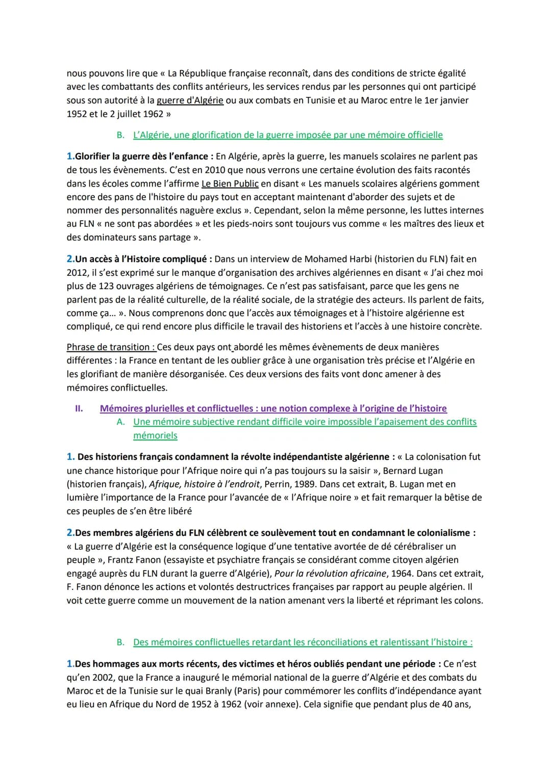 # Devoir Maison de HGGSP

Introduction

« La connaissance de l'histoire, de toute l'histoire de la guerre d'Algérie, en France comme en
Algé