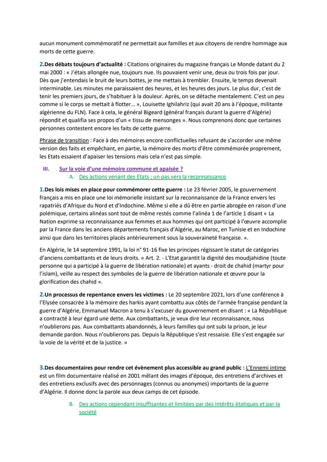 # Devoir Maison de HGGSP

Introduction

« La connaissance de l'histoire, de toute l'histoire de la guerre d'Algérie, en France comme en
Algé