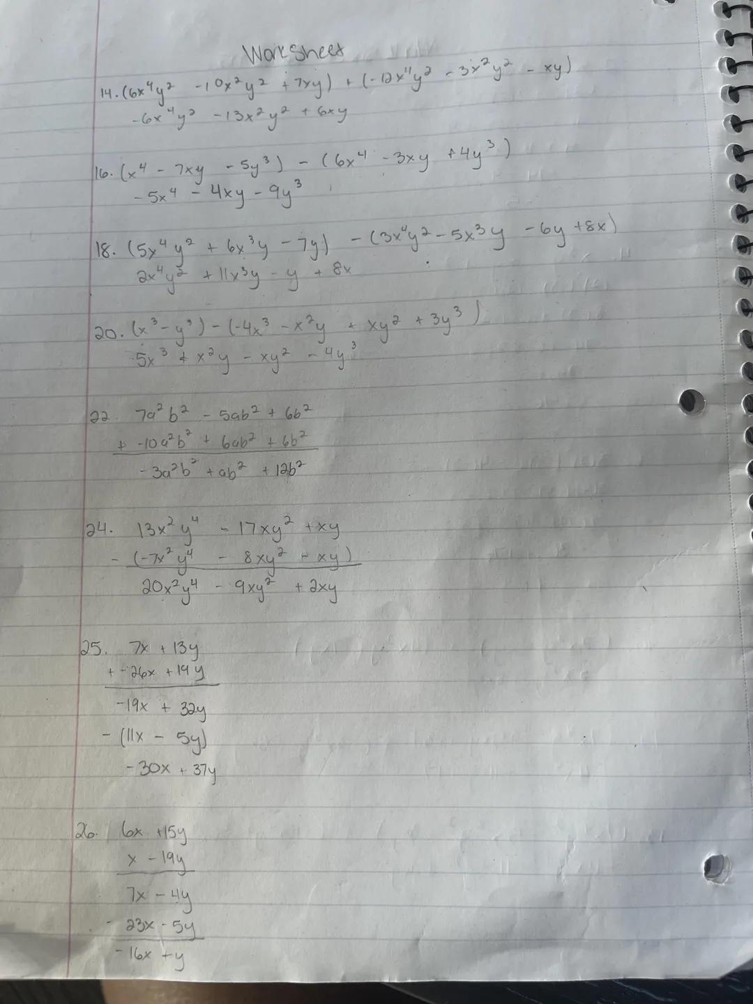 y=-3
x=2
Work sneet
1. $x^2 + 2xy + y^2$
$(2)^2 + 2(2)(-3) + (-3)^2$
$4 + 4(-3) +9$
$4-12+9$
$-8 + 9=$

3. $xy^3 - xy + 1$
$(2)(-3)^3 - (2)(