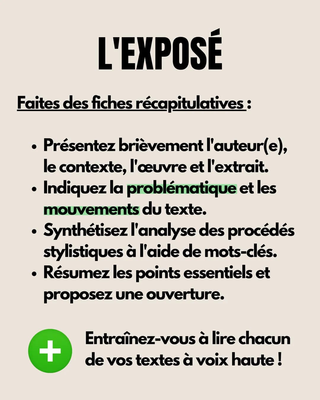 # RÉUSSIR

l'oral du bac

# DE FRANÇAIS # L'EXPOSÉ

Faites des fiches récapitulatives :

- Présentez brièvement l'auteur(e),
le contexte, l'