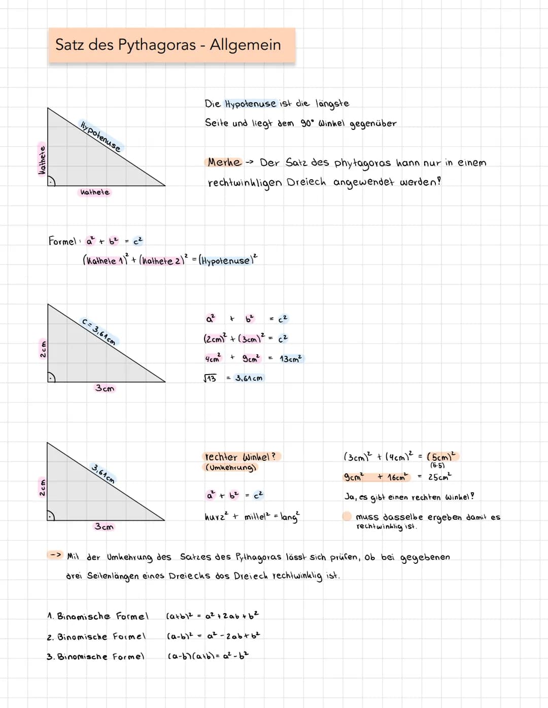 # Satz des Pythagoras - Allgemein

Kathete

Hypotenuse

hathete

Die Hypotenuse ist die längste
Seite und liegt dem 90° Winkel gegenüber

Me