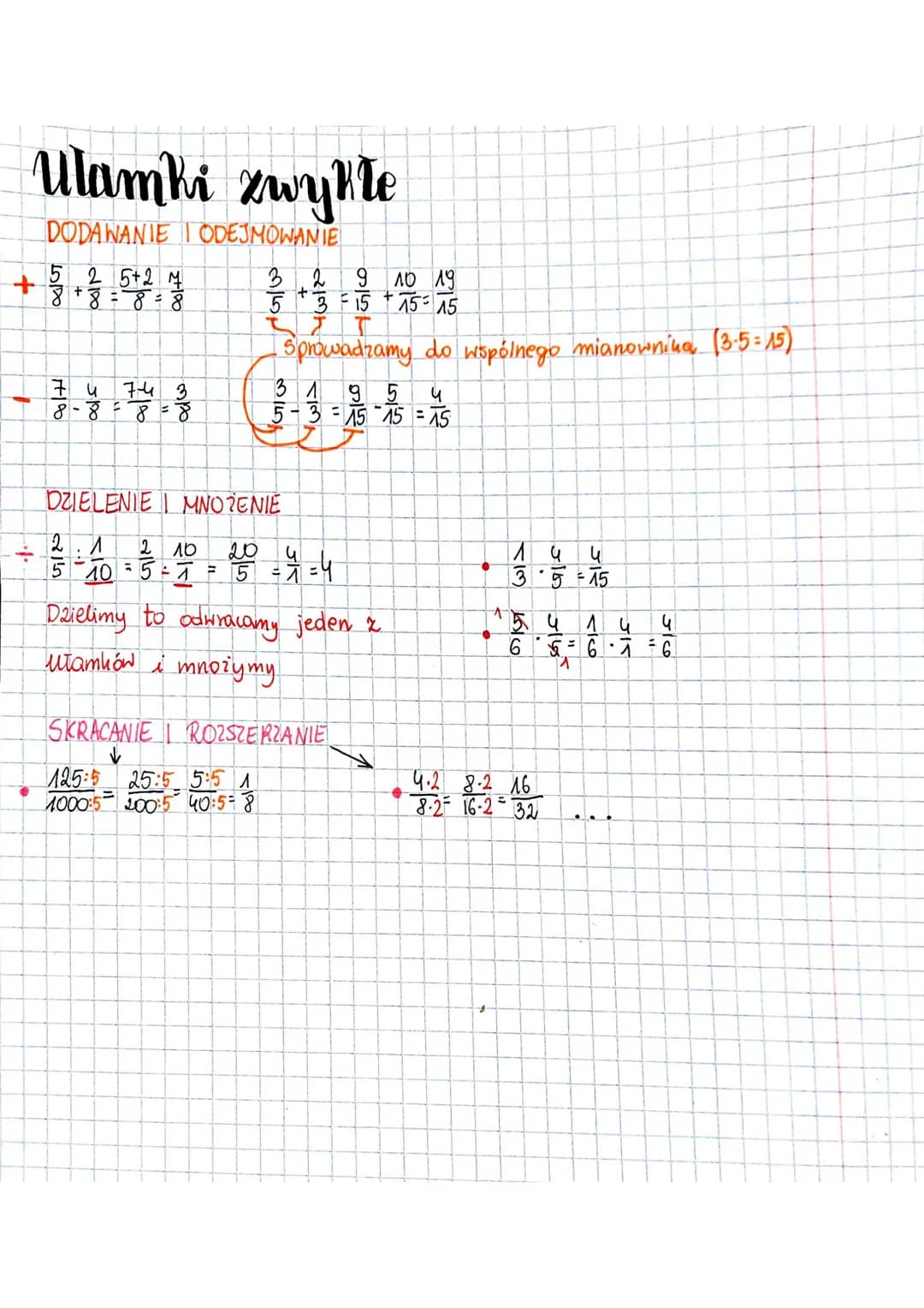 # Ulamki zwykłe

DODAWANIE I ODEJMOWANIE

+ $\frac{5}{8} + \frac{2}{8} = \frac{5+2}{8} \frac{4}{8}$

- $\frac{7}{8} - \frac{4}{8} = \frac{7-