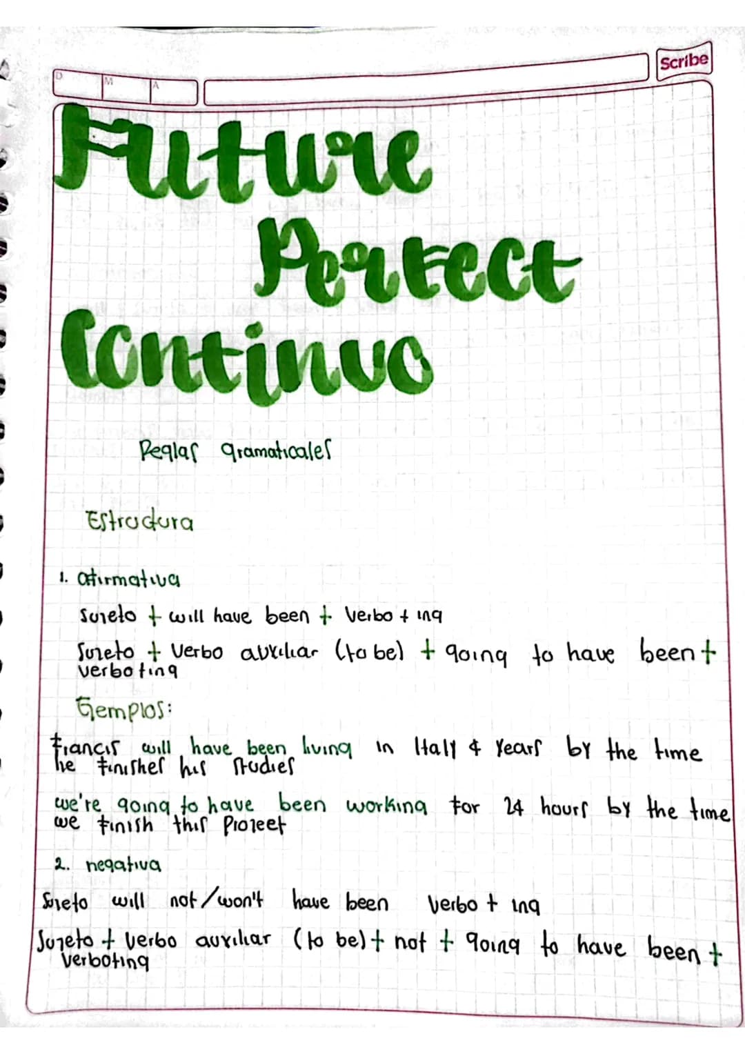 Scribe
S
# Future
# Perfect
# Continuo

Peglar gramaticales

Estructura

1. Atırmativa

Sureto & will have been + Verbo + ing

Sureto + Verb