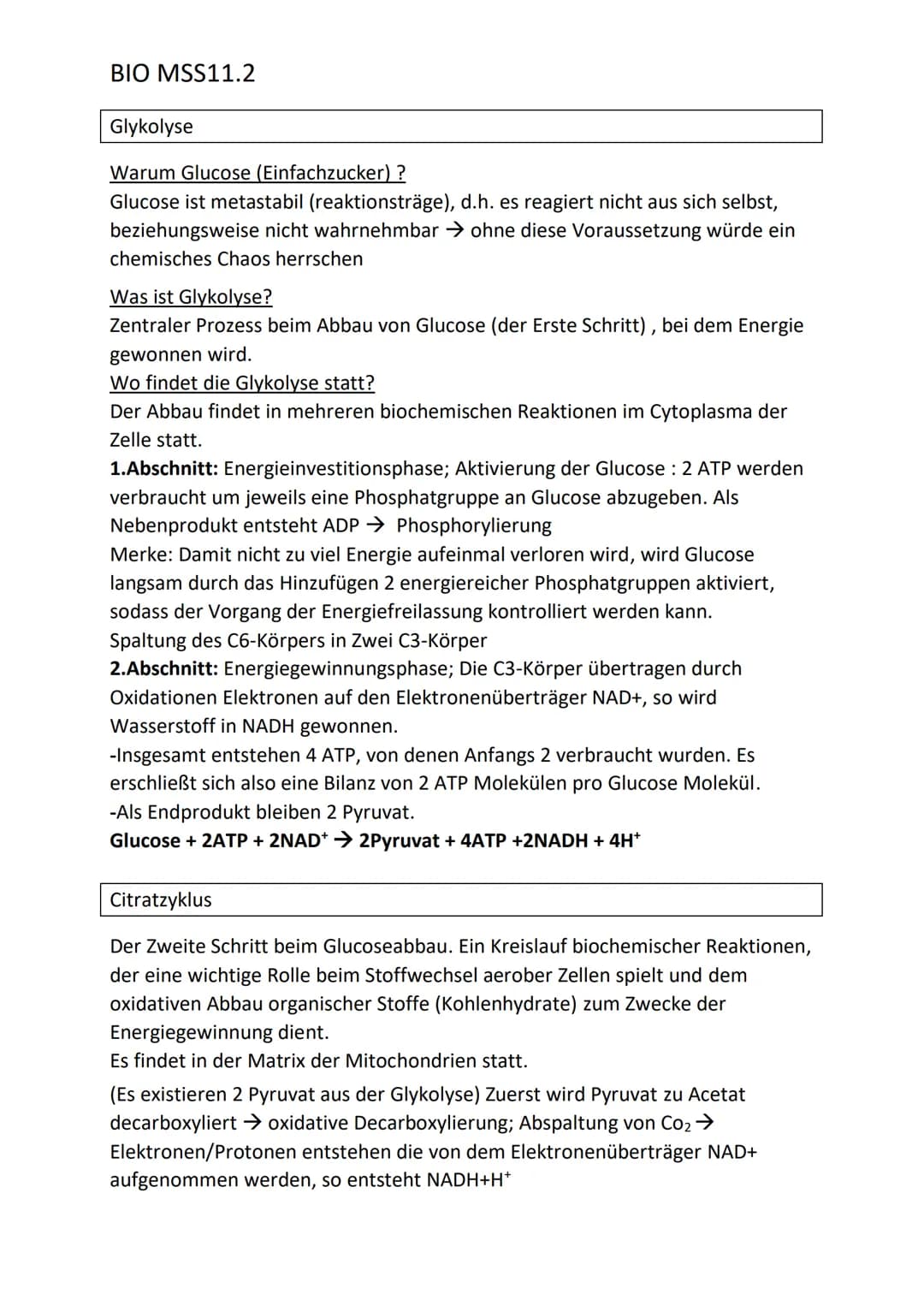 # BIO MSS11.2

Glykolyse

Warum Glucose (Einfachzucker) ?

Glucose ist metastabil (reaktionsträge), d.h. es reagiert nicht aus sich selbst,
