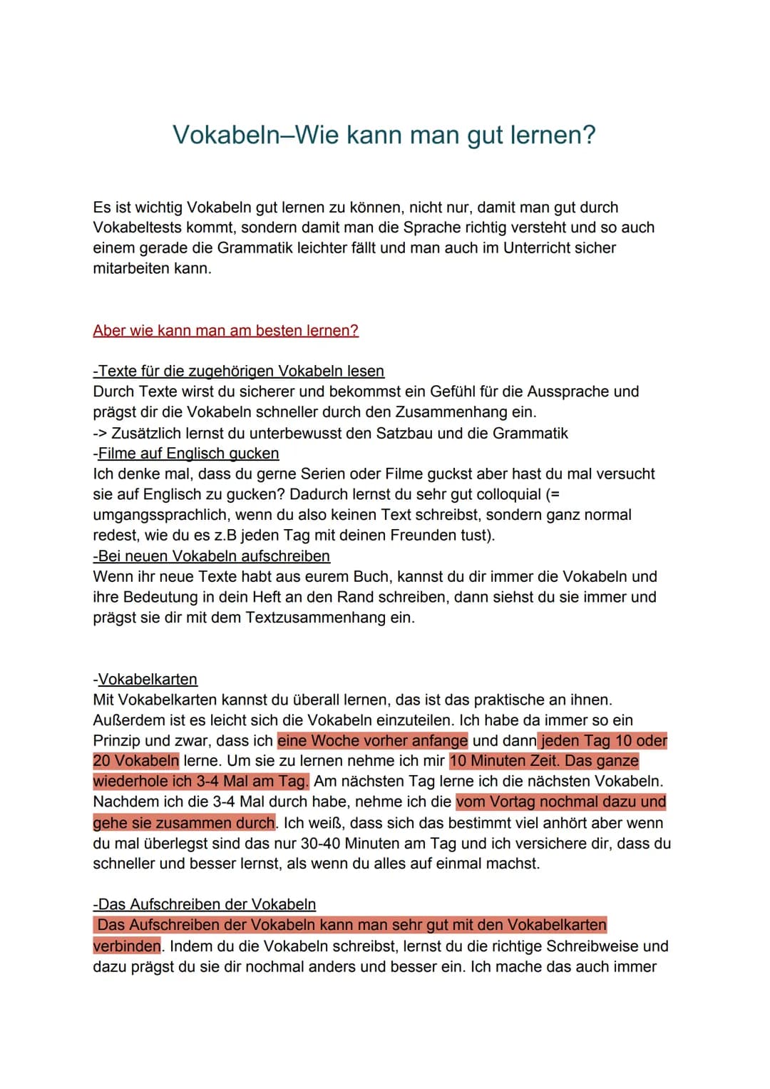 # Vokabeln-Wie kann man gut lernen?

Es ist wichtig Vokabeln gut lernen zu können, nicht nur, damit man gut durch
Vokabeltests kommt, sonder