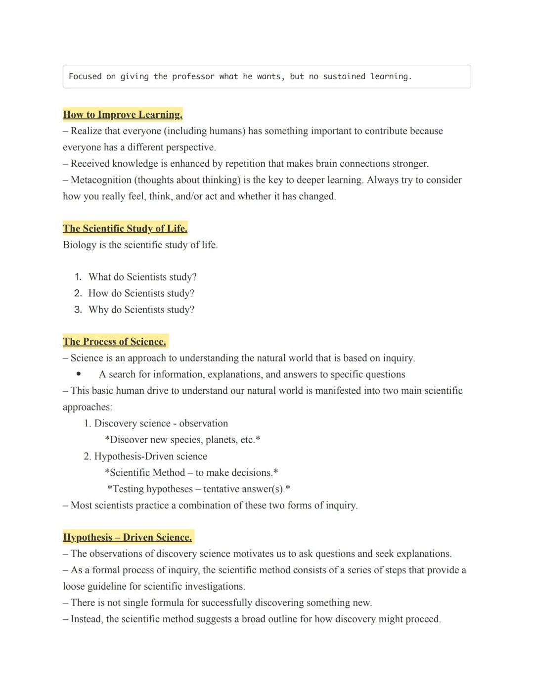 # 1: Scientific Method

Learning is the Focus.
1. What is Learning?
*   Changes in the way you think, feel, and act.
2. Levels of Learning

