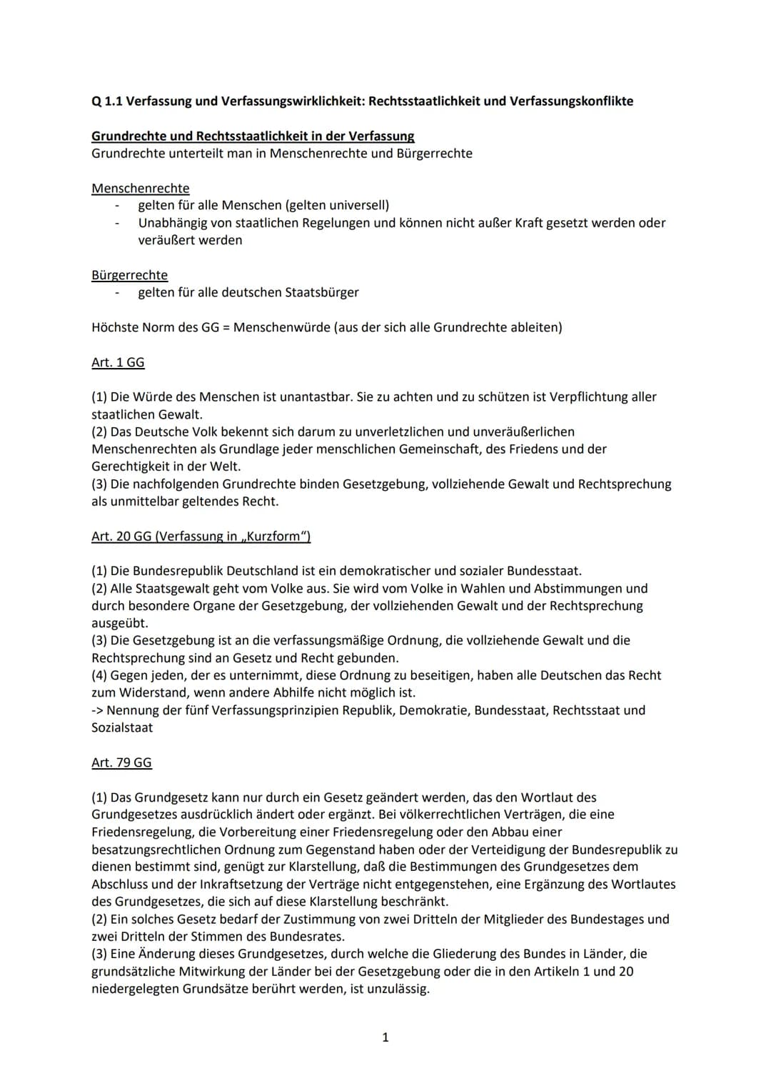 # Q 1.1 Verfassung und Verfassungswirklichkeit: Rechtsstaatlichkeit und Verfassungskonflikte

Grundrechte und Rechtsstaatlichkeit in der Ver