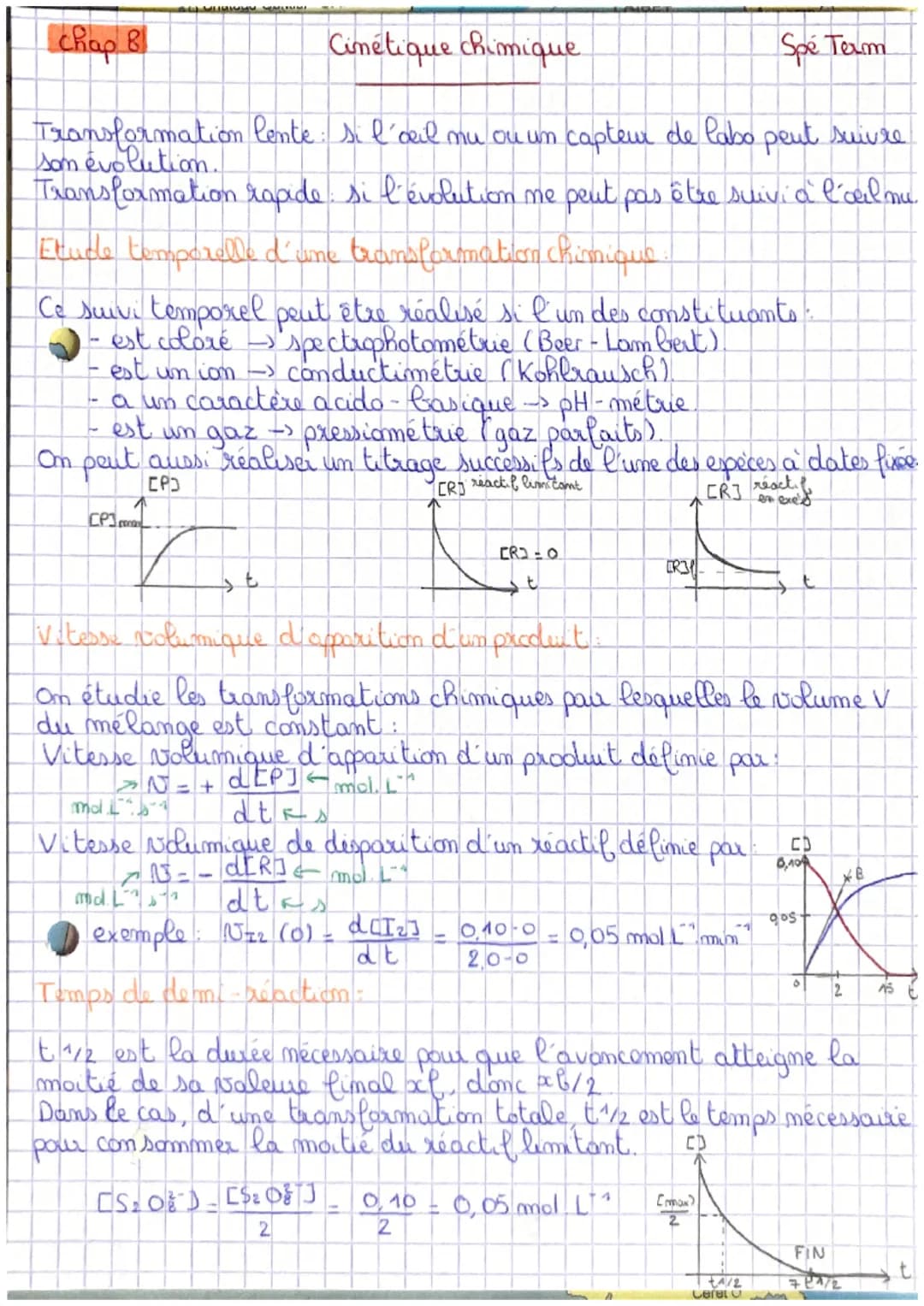 # chap 8

Cinétique chimique

Spé Term

Transformation lente: si l'œil mu ou un capteur de labo peut suivre.
som évolution.

Transformation 