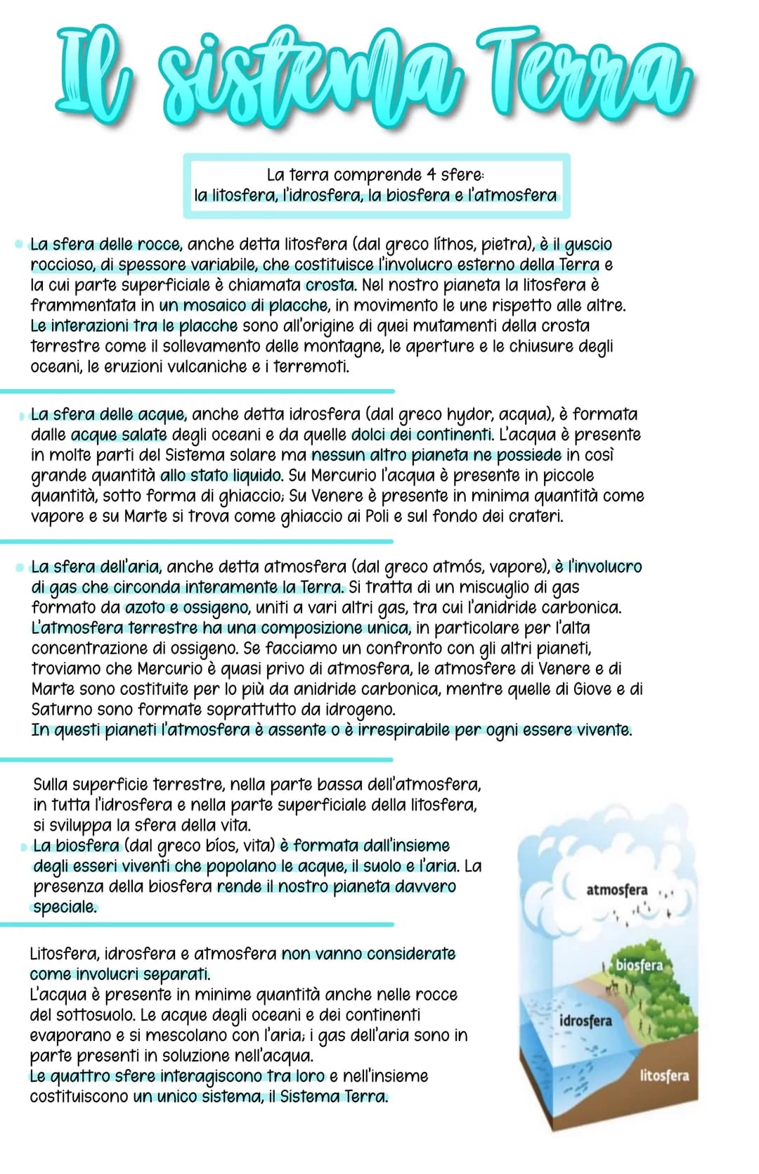 # Il sistema Terra

La terra comprende 4 sfere:
la litosfera, l'idrosfera, la biosfera e l'atmosfera

*   La sfera delle rocce, anche detta 