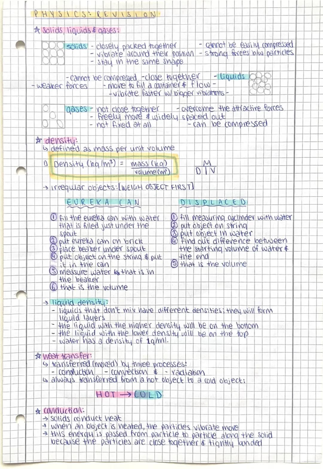 # PHYSICS REVISION
* Solids, liquids & gases:

  * solids - closely packed together - cannot be easily compressed.
    - vibrate around thei