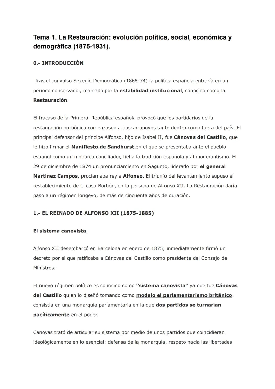 # Tema 1. La Restauración: evolución política, social, económica y
demográfica (1875-1931).

0.- INTRODUCCIÓN

Tras el convulso Sexenio Demo