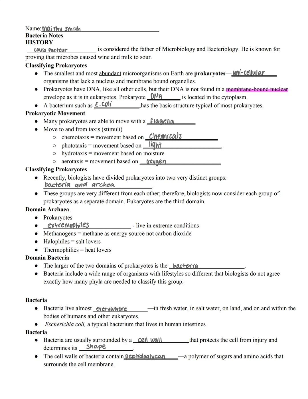 Name: Mai Thy Smith
Bacteria Notes
HISTORY
Couis Pasteur
 is considered the father of Microbiology and Bacteriology. He is known for
proving