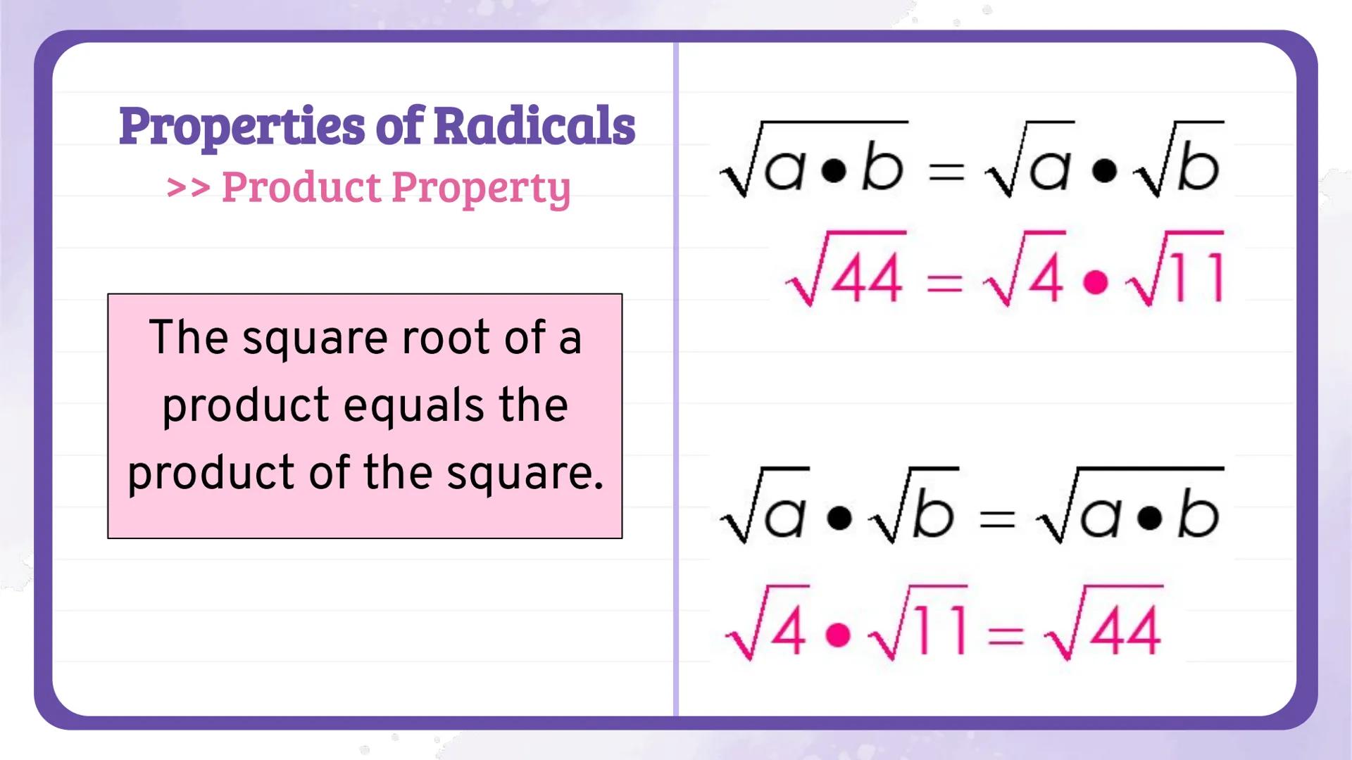 # Simplifying
# Radicals
## NOTES 📝

Algebra 1
Knowunity
@intellect Perfect Squares

$a \cdot a = a^2$

$\sqrt{a^2} = a$

$3 \cdot 3 = 3^2 