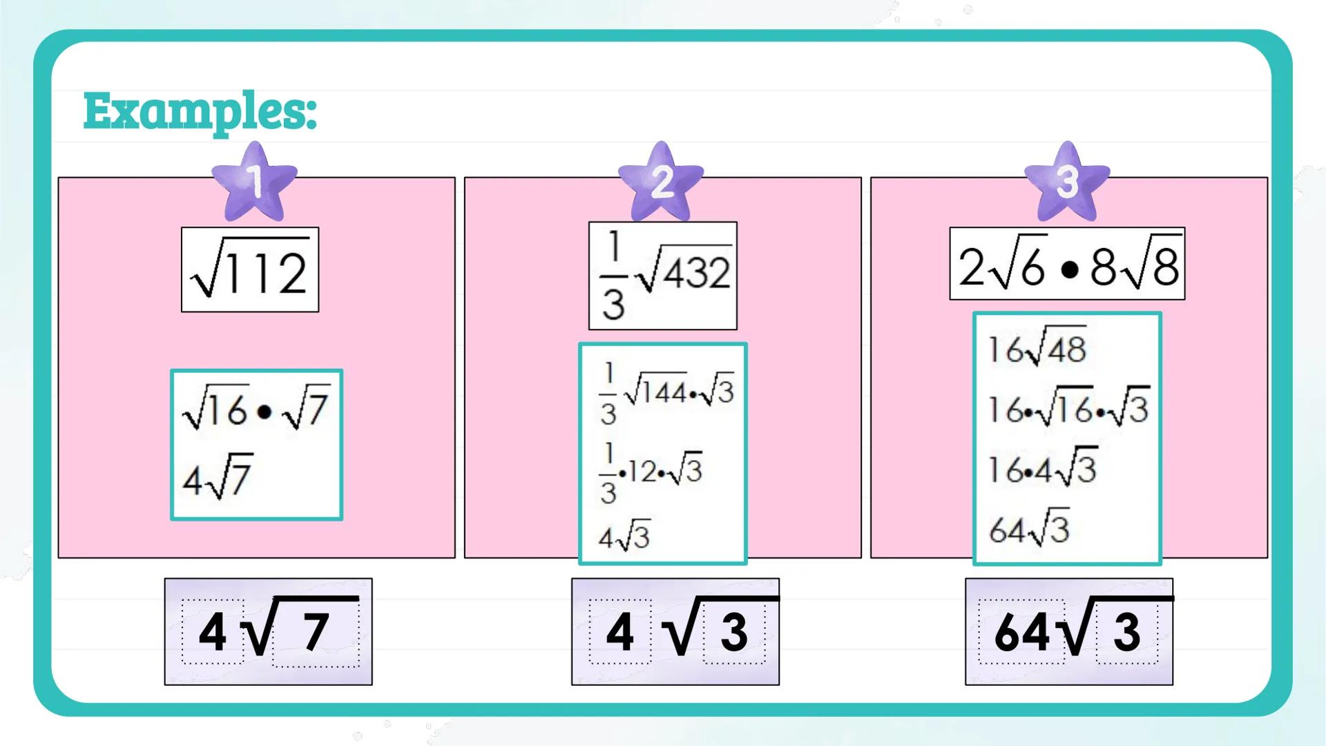 # Simplifying
# Radicals
## NOTES 📝

Algebra 1
Knowunity
@intellect Perfect Squares

$a \cdot a = a^2$

$\sqrt{a^2} = a$

$3 \cdot 3 = 3^2 