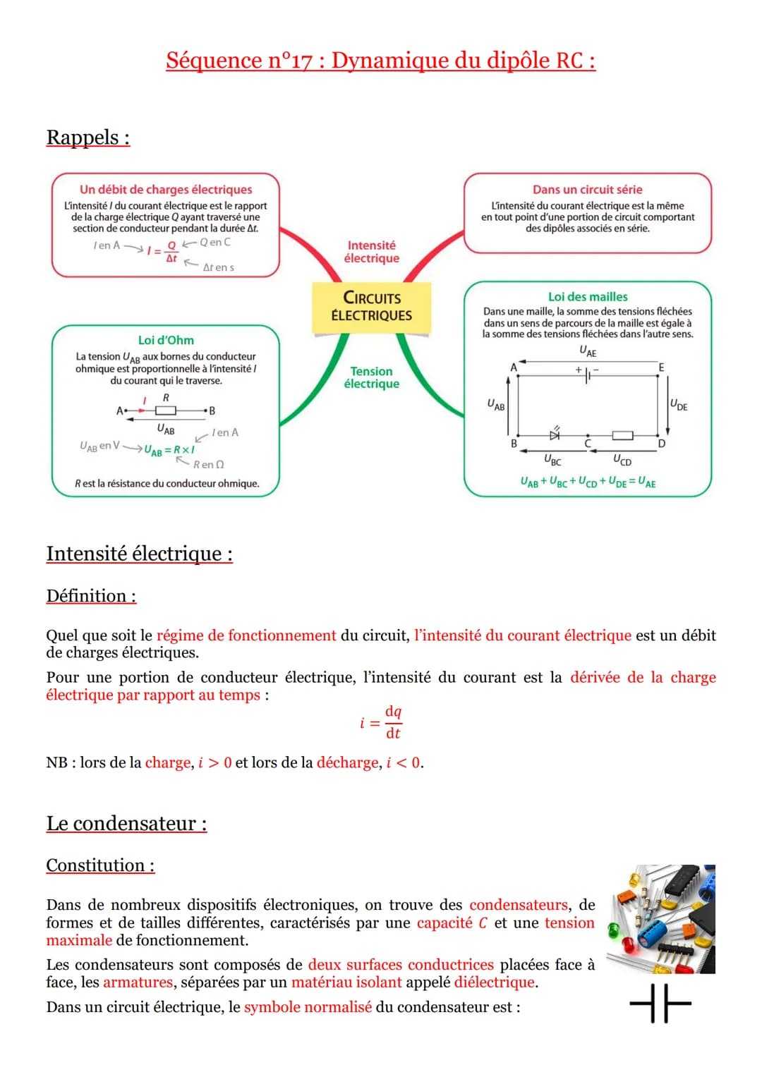 Séquence n°17: Dynamique du dipôle RC :

Rappels:

Un débit de charges électriques
L'intensité / du courant électrique est le rapport
de la 