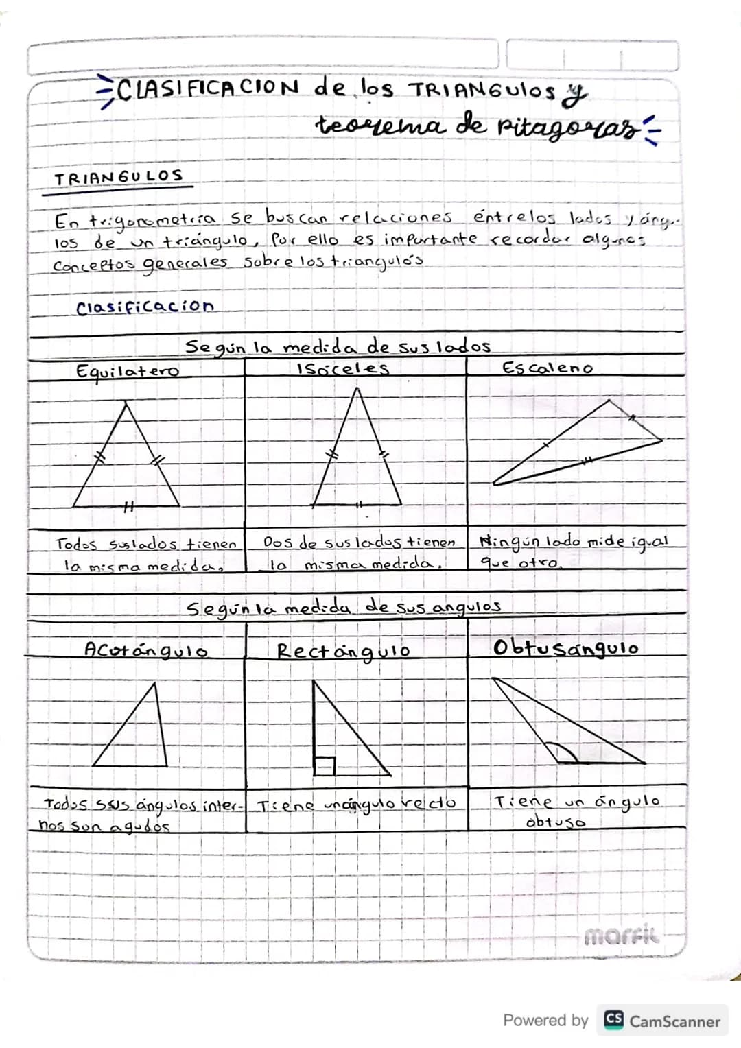 # CLASIFICACION de los TRIANGUlos y
teorema de Pitagoras-

TRIANGULOS

En trigonometría se buscan relaciones entrelos lados y áng..
los de u