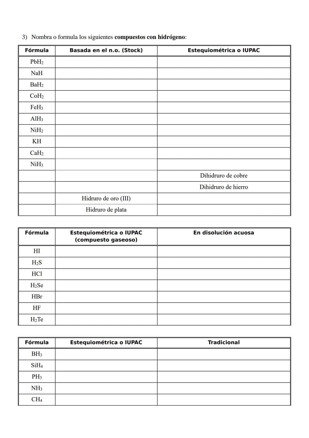 # EJERCICIOS DE FORMULACIÓN Y NOMENCLATURA
# QUÍMICA INORGÁNICA - 4º ESO

1) Nombra los siguientes óxidos por las dos nomenclaturas:

| Fórm