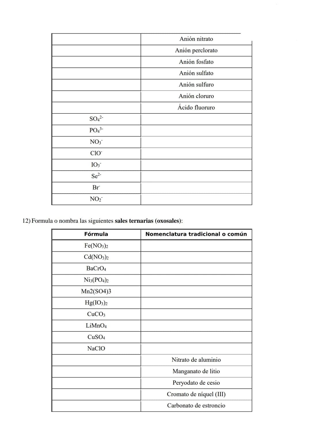 # EJERCICIOS DE FORMULACIÓN Y NOMENCLATURA
# QUÍMICA INORGÁNICA - 4º ESO

1) Nombra los siguientes óxidos por las dos nomenclaturas:

| Fórm