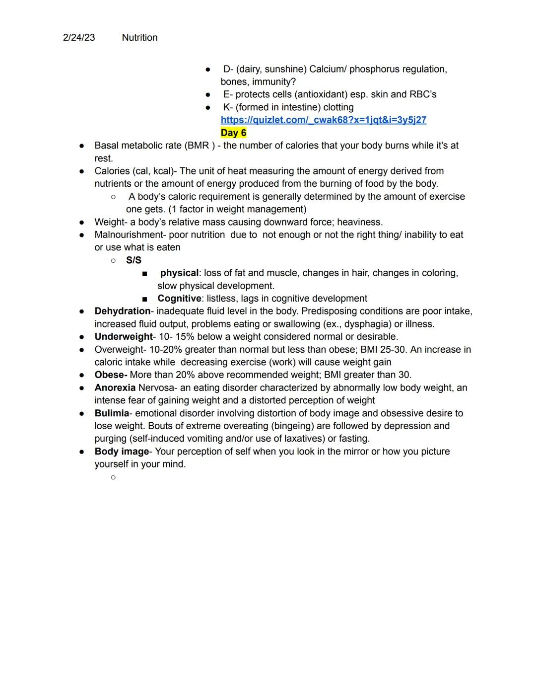 2/24/23 Nutrition

- Nutrition- the process of taking in food and using it for growth, metabolism, and repair; all
body processes relating t