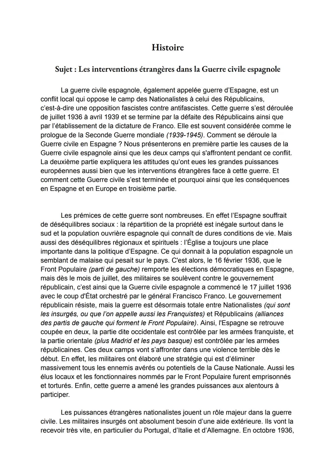 # Histoire

Sujet : Les interventions étrangères dans la Guerre civile espagnole

La guerre civile espagnole, également appelée guerre d'Esp