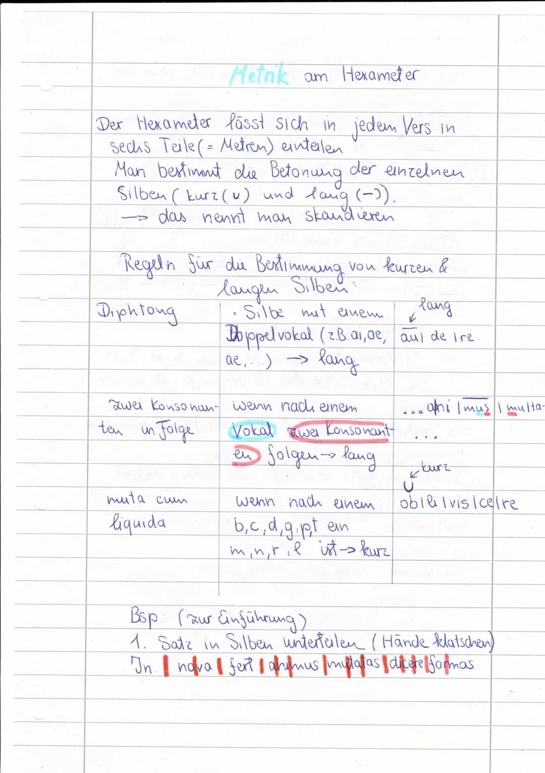 # Metrik am Hexameter

Der Hexameter lässt sich in jedem Vers in
Sechs Teile (= Metren) eintellen
Man bestimmt die Betonung der einzelnen
Si