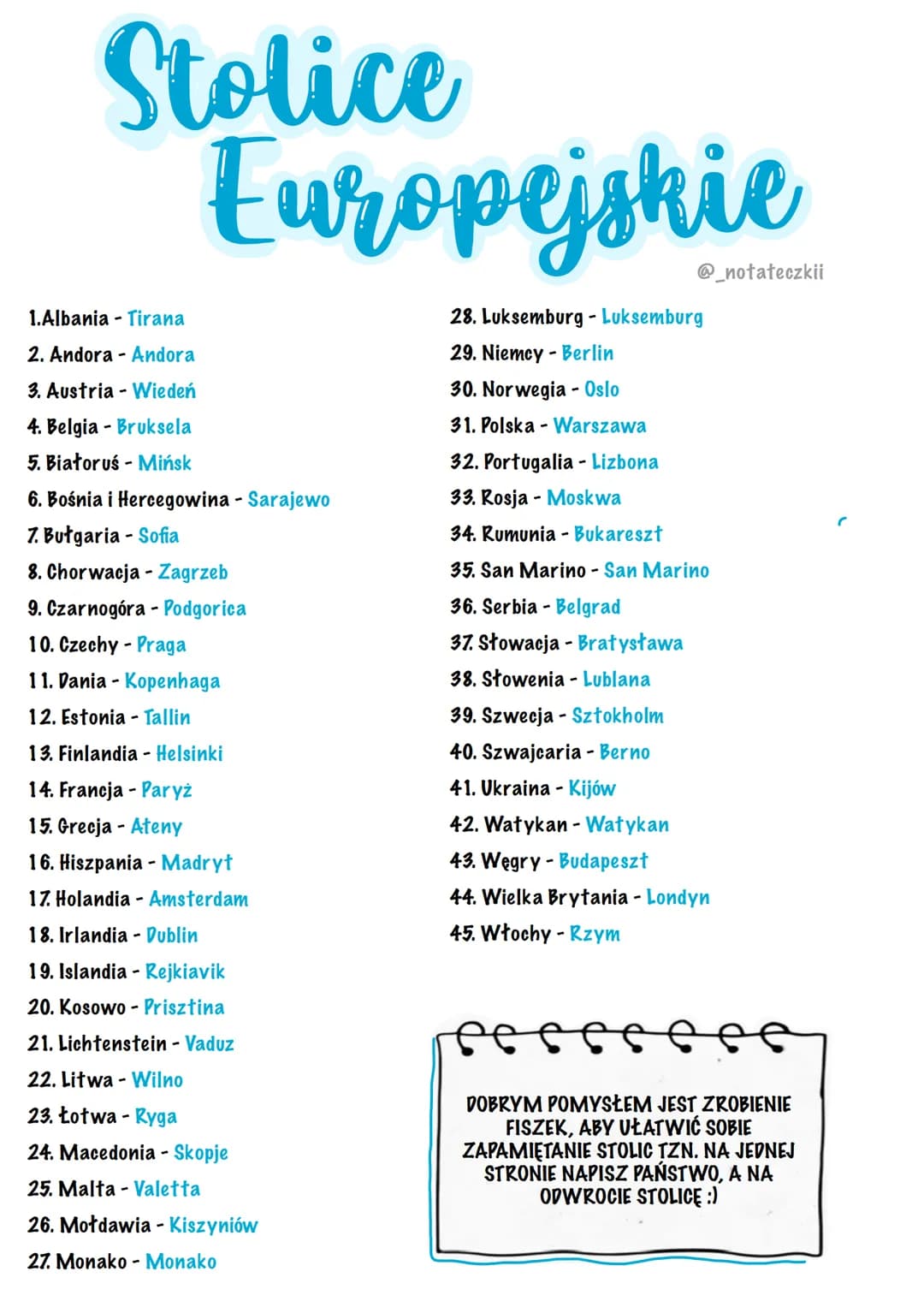 # Stolice

Europejskie

@_notateczkii

1. Albania - Tirana

2. Andora Andora

3. Austria - Wiedeń

4. Belgia Bruksela

5. Białoruś - Mińsk

