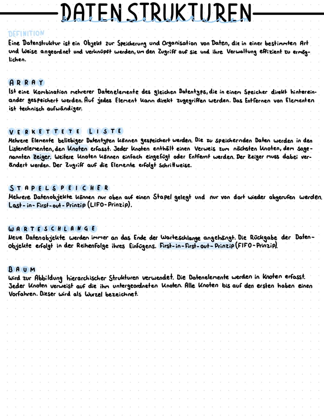 # DATEN STRUKTUREN-

DEFINITION
Eine Datenstruktur ist ein Objekt zur Speicherung und Organisation von Daten, die in einer bestimmten Art
un