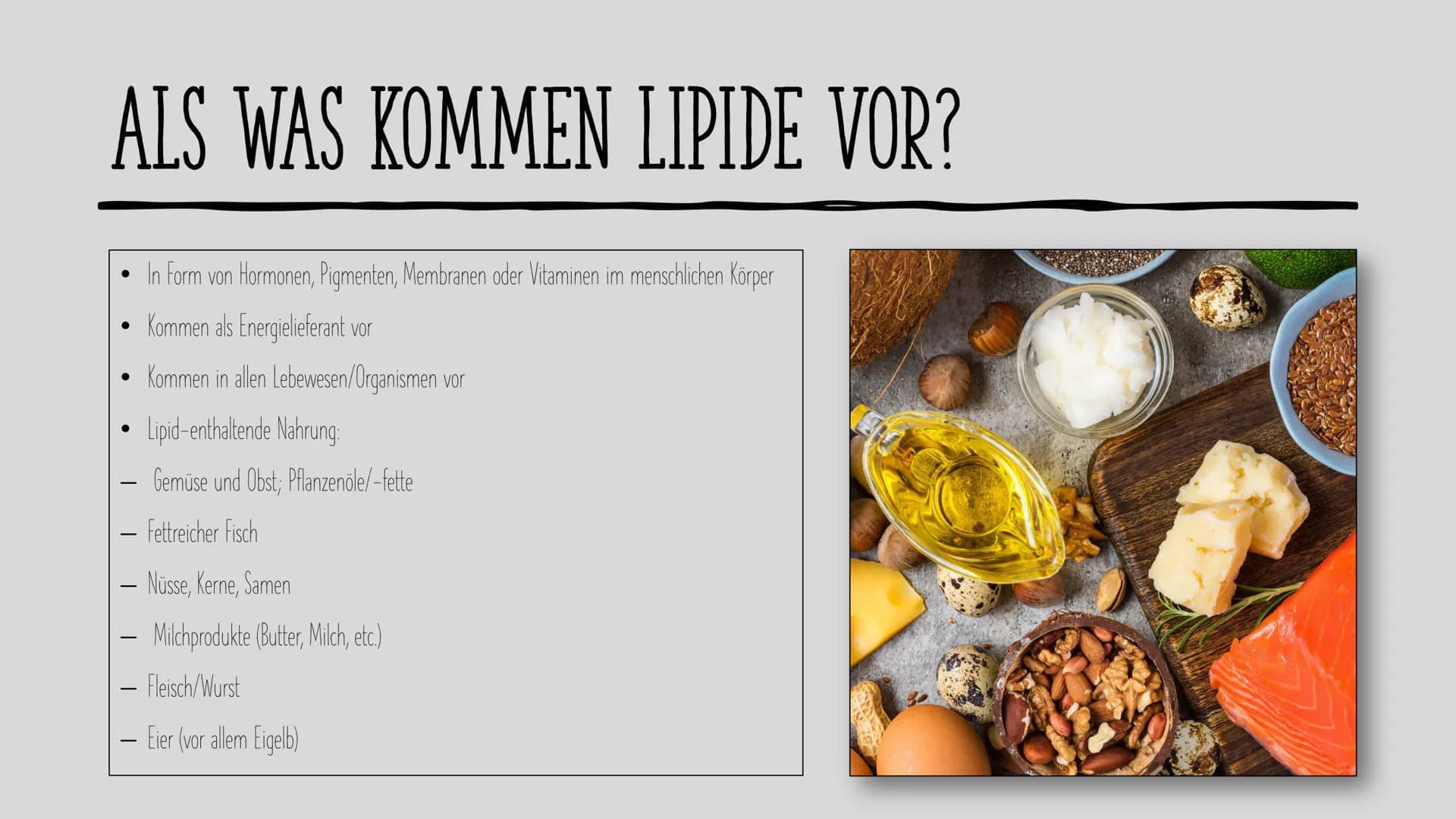 # LIPIDE

Charlotte und Laura H. # INHALT

Als was kommen Lipide vor?
Aufgaben und Eigenschaften von Lipiden
Aufbau von Lipiden
Fettsäuren
G