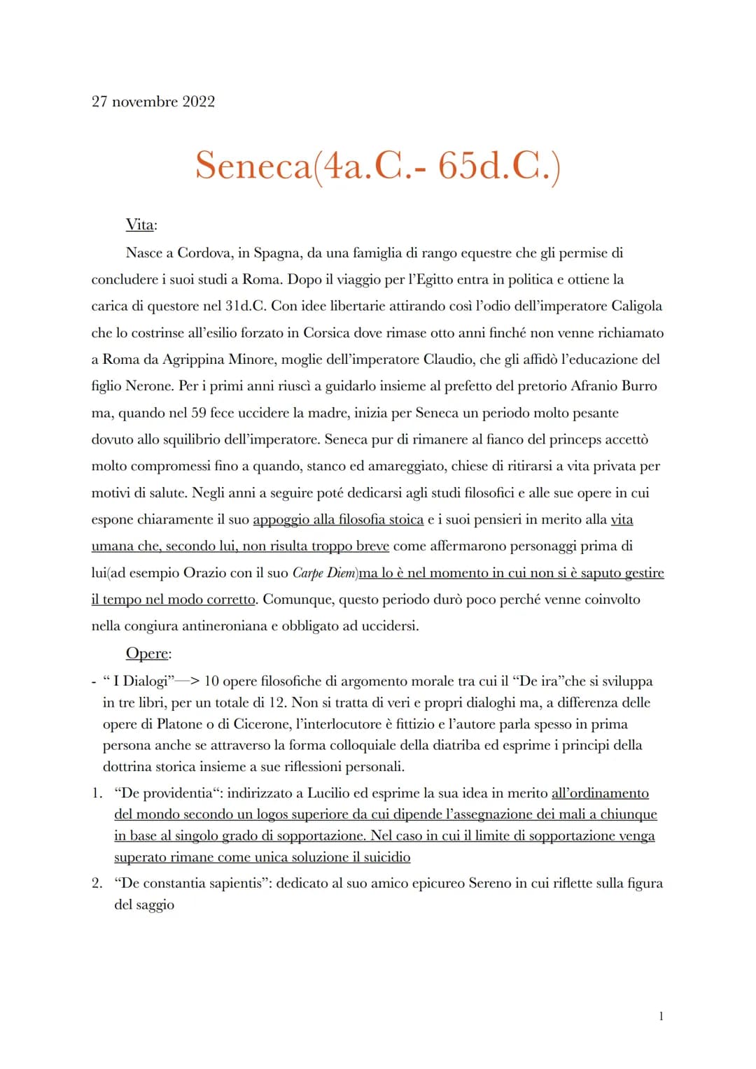 27 novembre 2022

# Seneca(4a.C.- 65d.C.)

## Vita:

Nasce a Cordova, in Spagna, da una famiglia di rango equestre che gli permise di
conclu