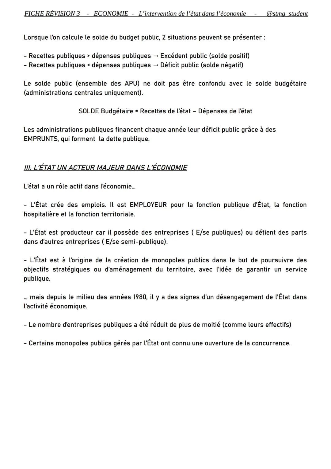 FICHE RÉVISION 3 ECONOMIE - L'intervention de l'état dans l'économie - @stmg student

€

THÈME : COMMENT L'ETAT PEUT-IL INTERVENIR
DANS L'EC