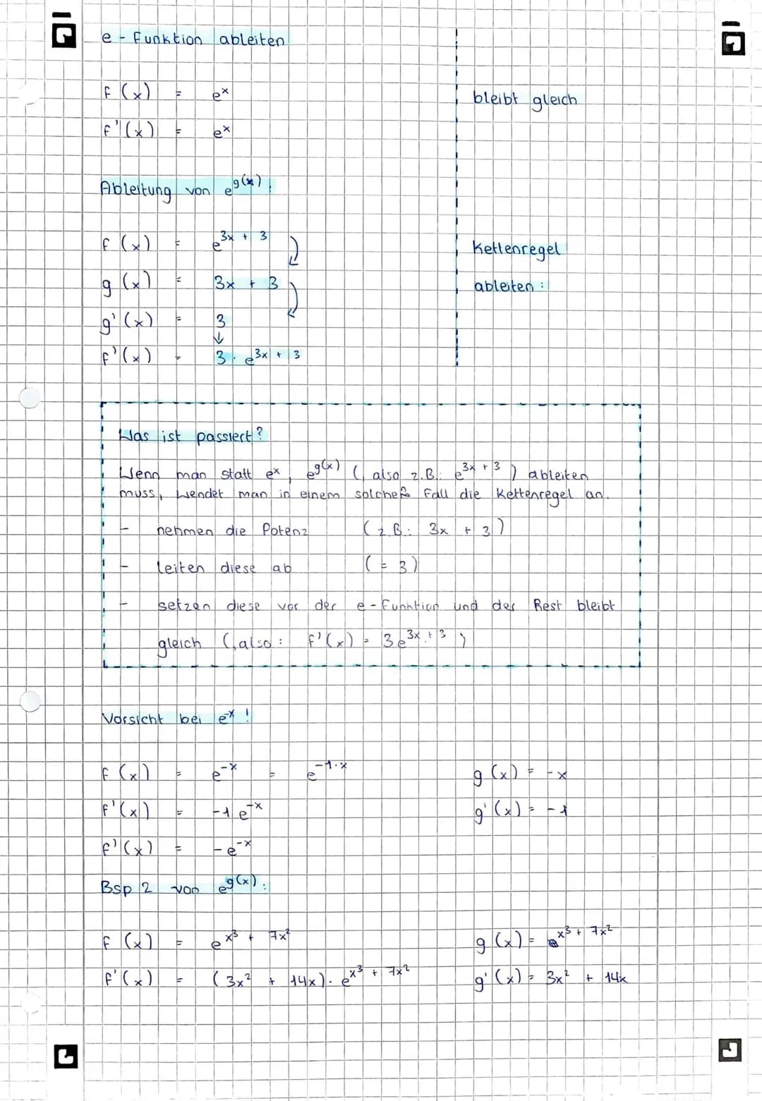 # e Funktion ableiten.

F(x) = $e^x$

f'(x) = $e^x$

## Ableitung von $e^{g(x)}$:

f(x) = $e^{3x + 3}$ 

g(x) = $3x + 3$

g'(x) = $3$

f'(x)