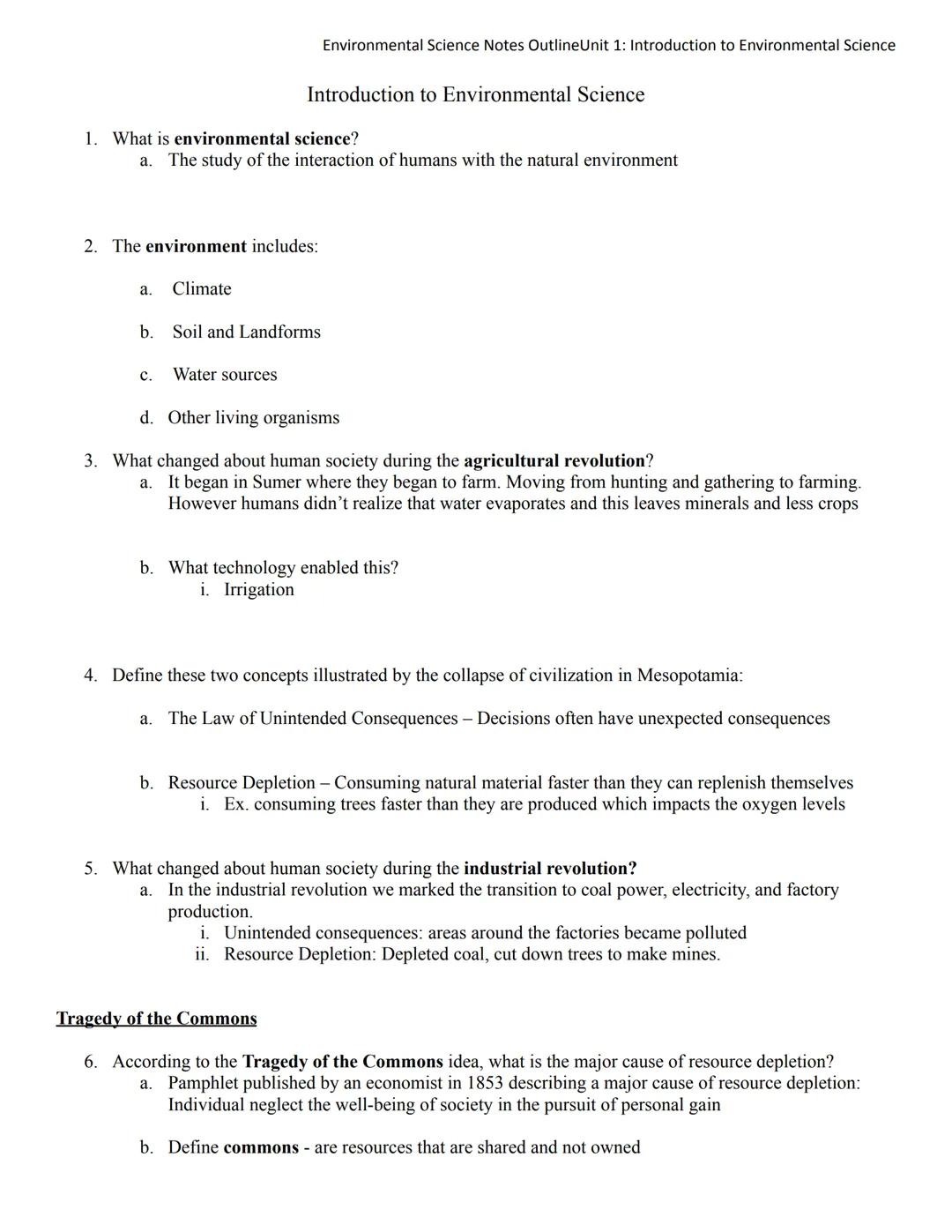 Environmental Science Notes OutlineUnit 1: Introduction to Environmental Science

Introduction to Environmental Science

1. What is environm